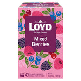 A box of Loyd Mixed Berry Tea (40 tea bags, 68g) features vibrant berry artwork on a pink background. Savor fruity and floral flavors in every cup from this delightful Loyd blend.